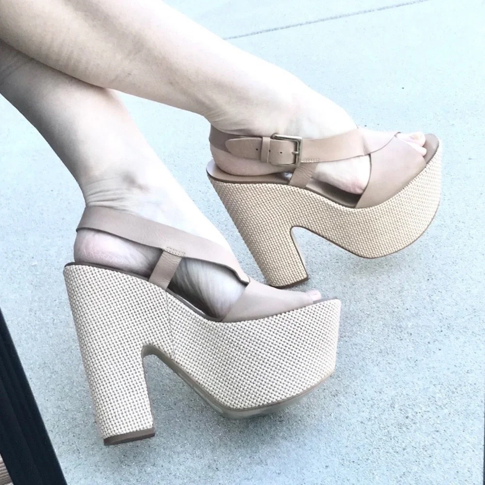 REPORT chunky PLATFORM heels mega sandals leather extreme women’s 10 Strappy tan